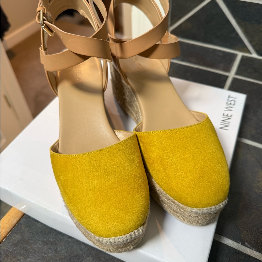 Nine West Yellow and Tan Espadrille Wedges